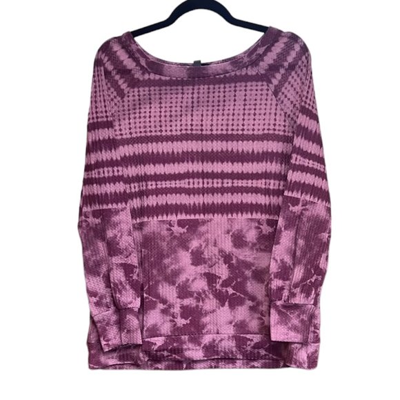 Women's Luukse Pink Tie Dye Waffle Knit Crewneck L - Picture 1 of 3
